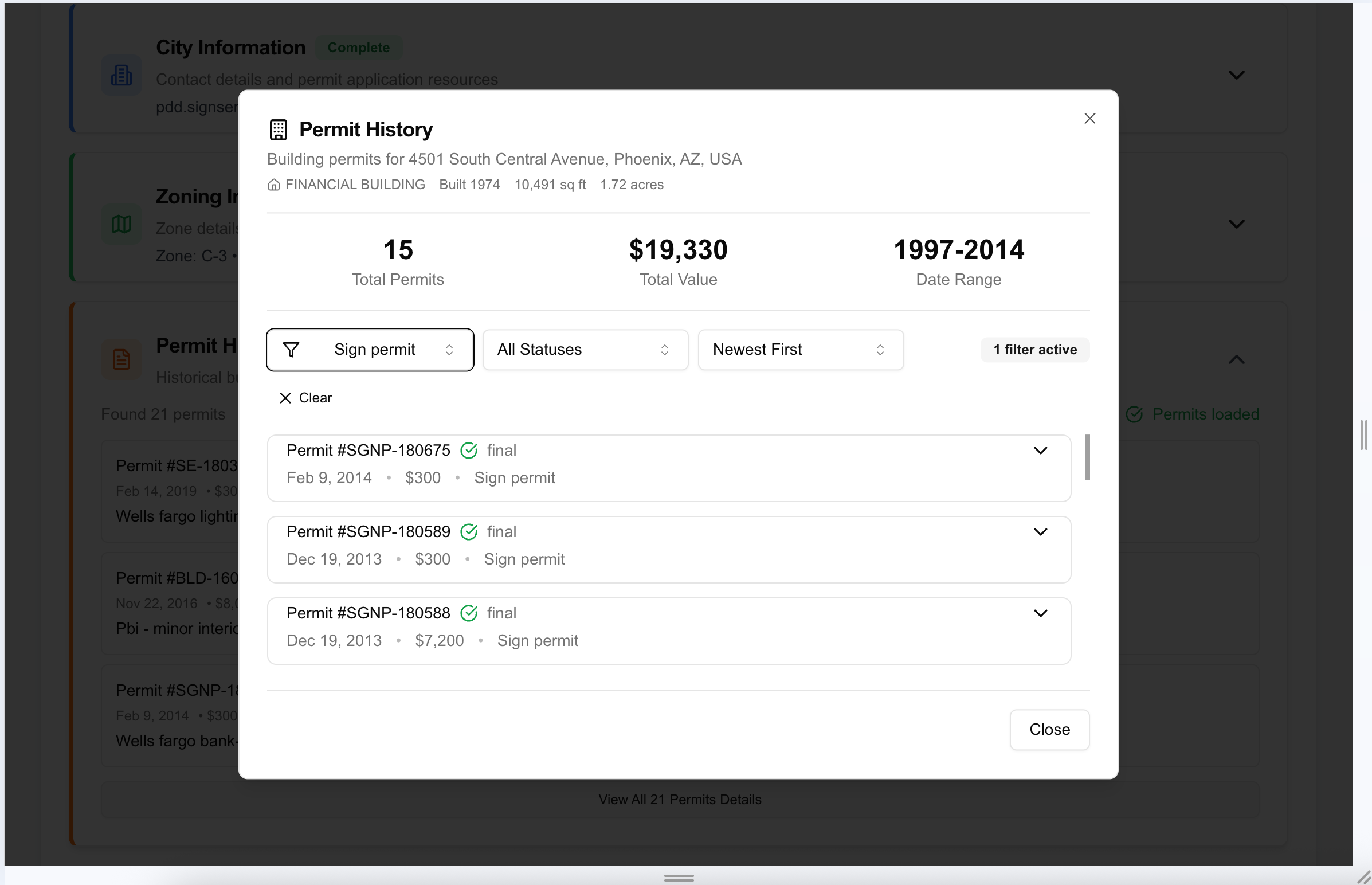 Screenshot of Permit History feature