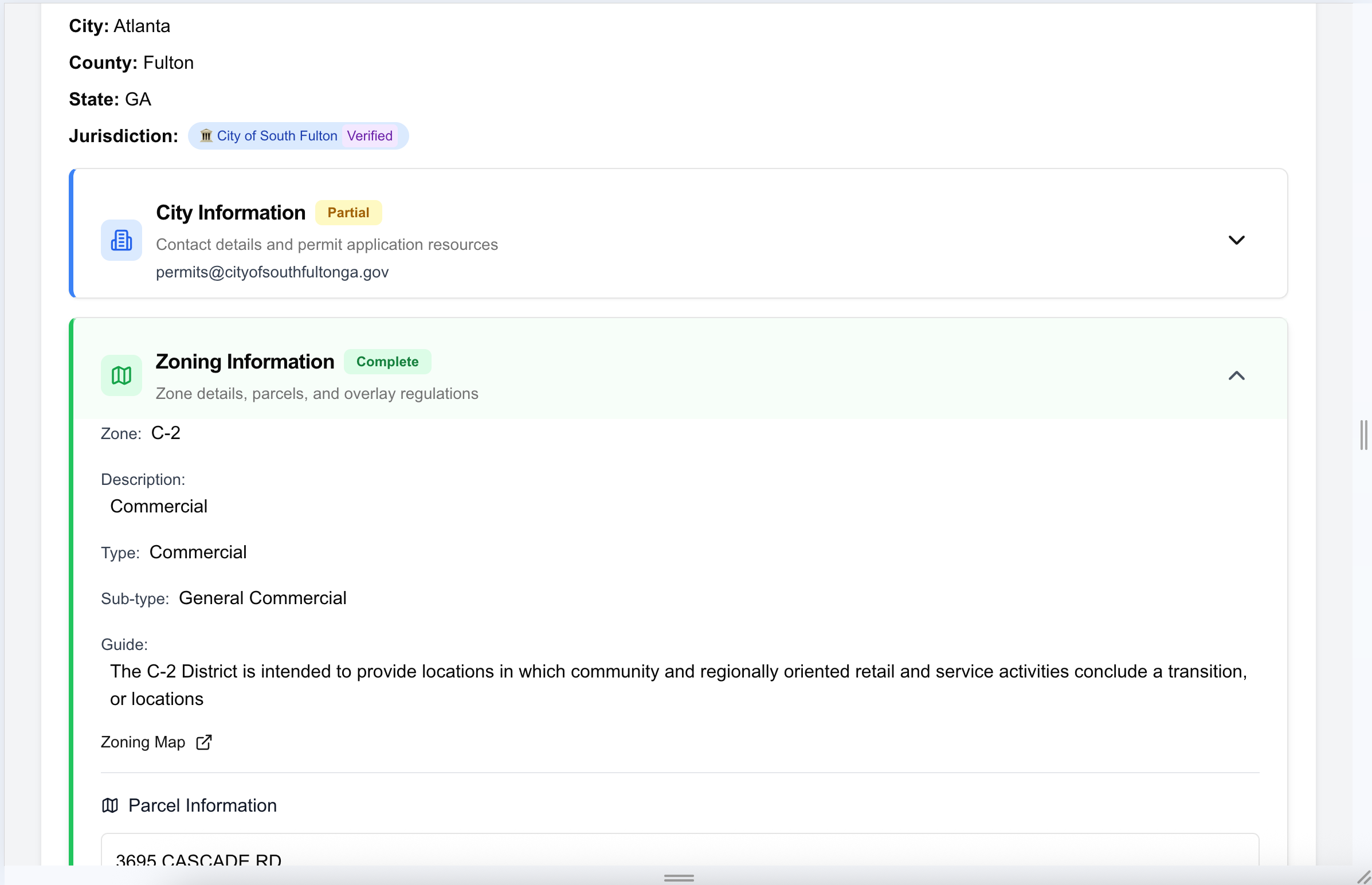 Screenshot of Zone & Parcel Information feature